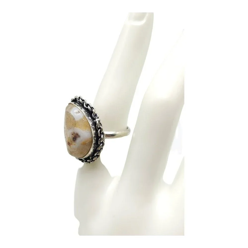 Silver Plated Beige Quartz Gemstone Dome Ring Silver Tone Vintage Size 8